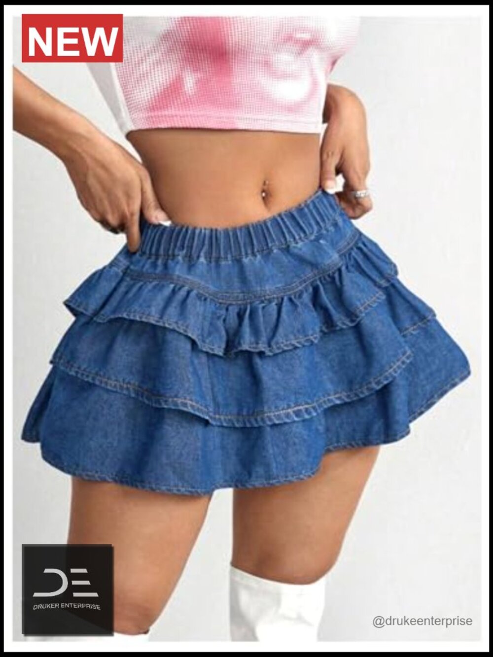 Y2K Solid Ruffle Denim Skirt Low Waist A Line Tiered Mini Skirt - Picture 3 of 6